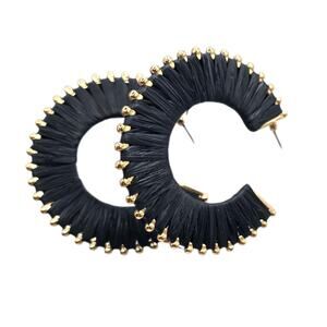 Pierced Earrings Black Hoop Raffia Wrapped Artisan Style SKU 2768